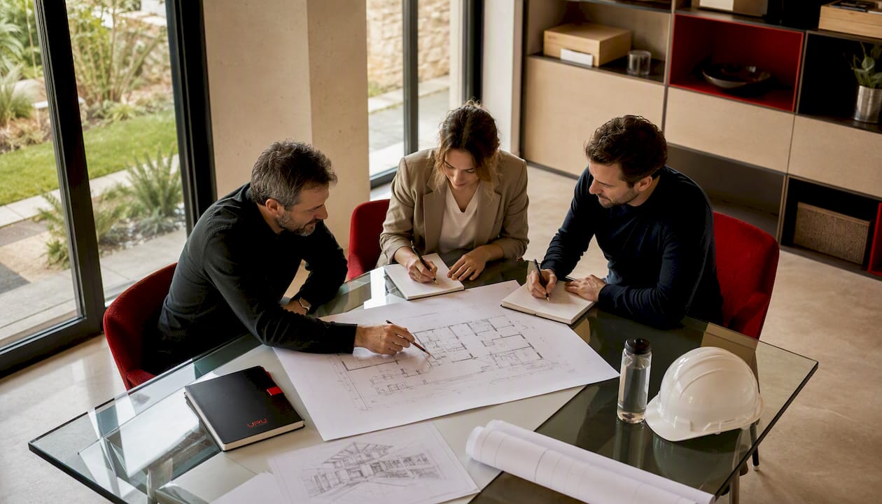El equipo de reformas se reúne en la sala de reuniones para organizar los detalles del próximo proyecto.