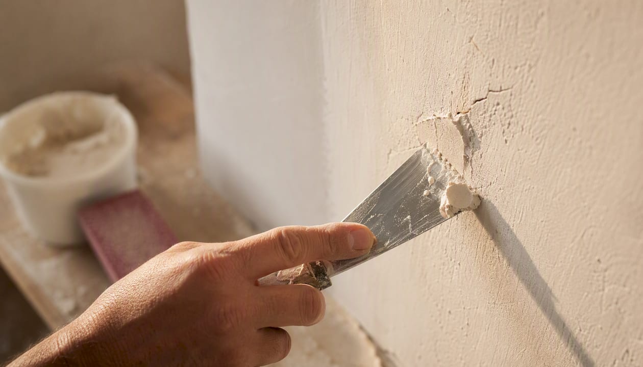 Reparando una grieta en la pared aplicando masilla a mano