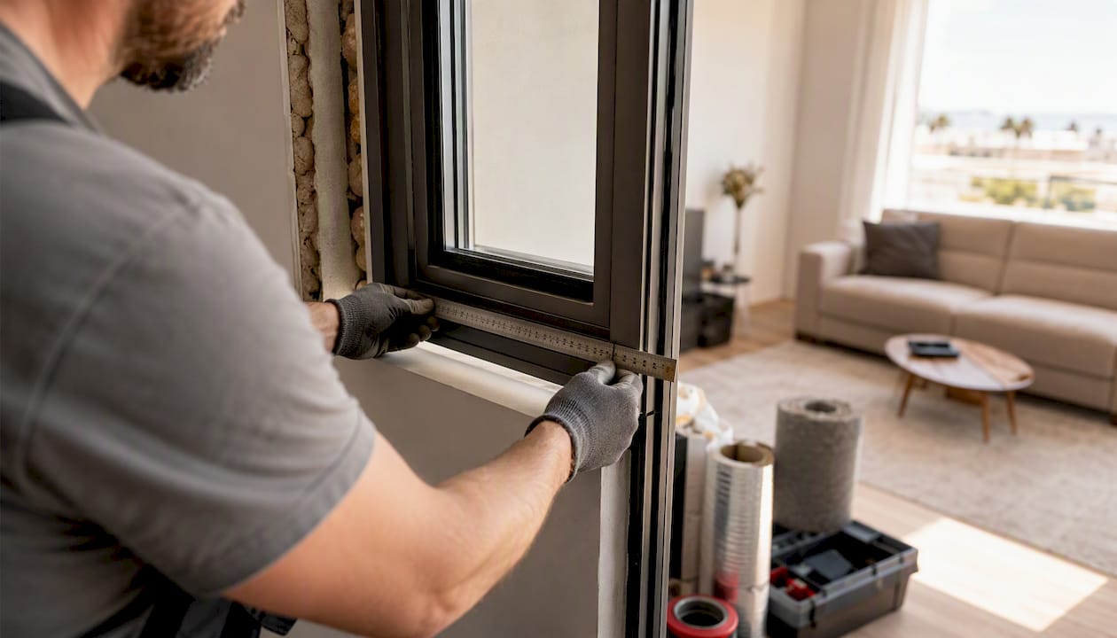 Especialista tomando medidas para instalar una nueva ventana en una vivienda