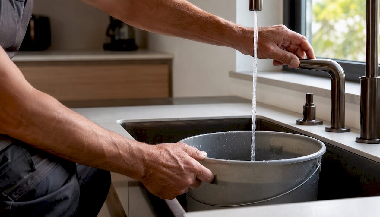 Manos comprobando la presión del agua con la ayuda de un balde