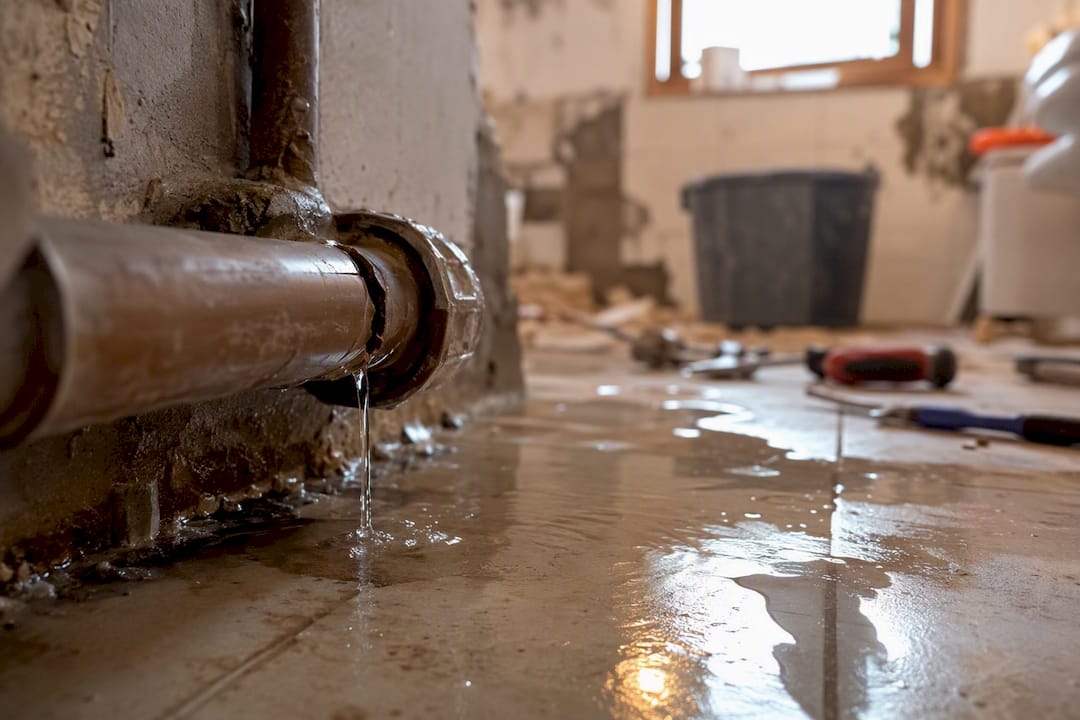 Tubería rota filtrando agua en el piso dentro de la casa