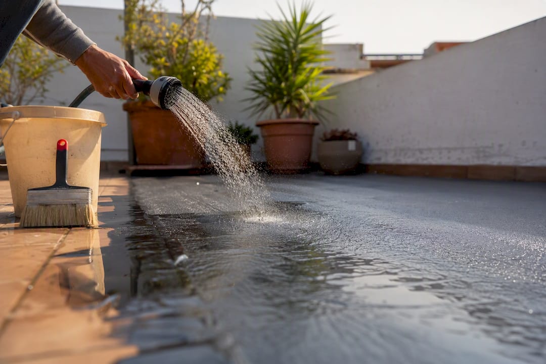 Manos aplicando agua sobre una membrana impermeabilizante