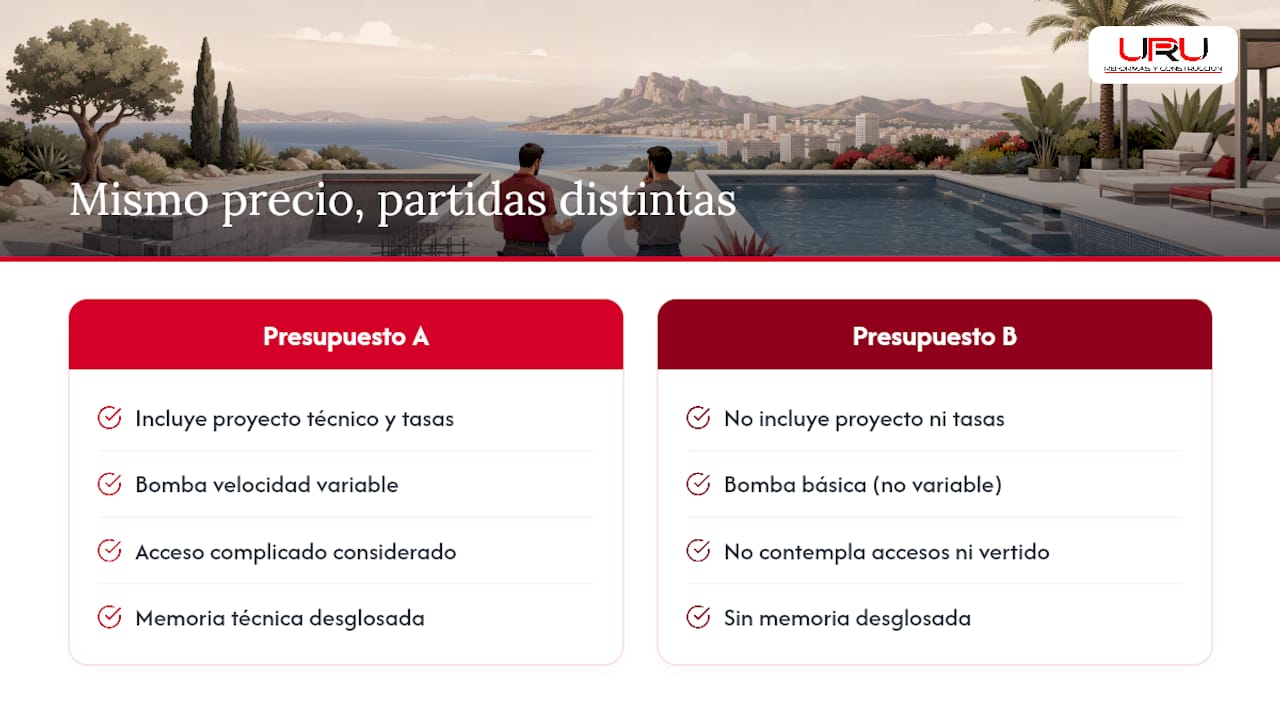Comparativa de partidas entre presupuestos para piscina