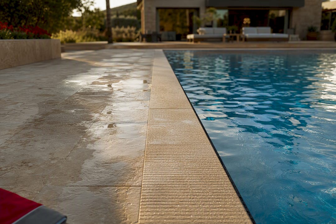 Suelo seguro para piscina estilo mediterráneo