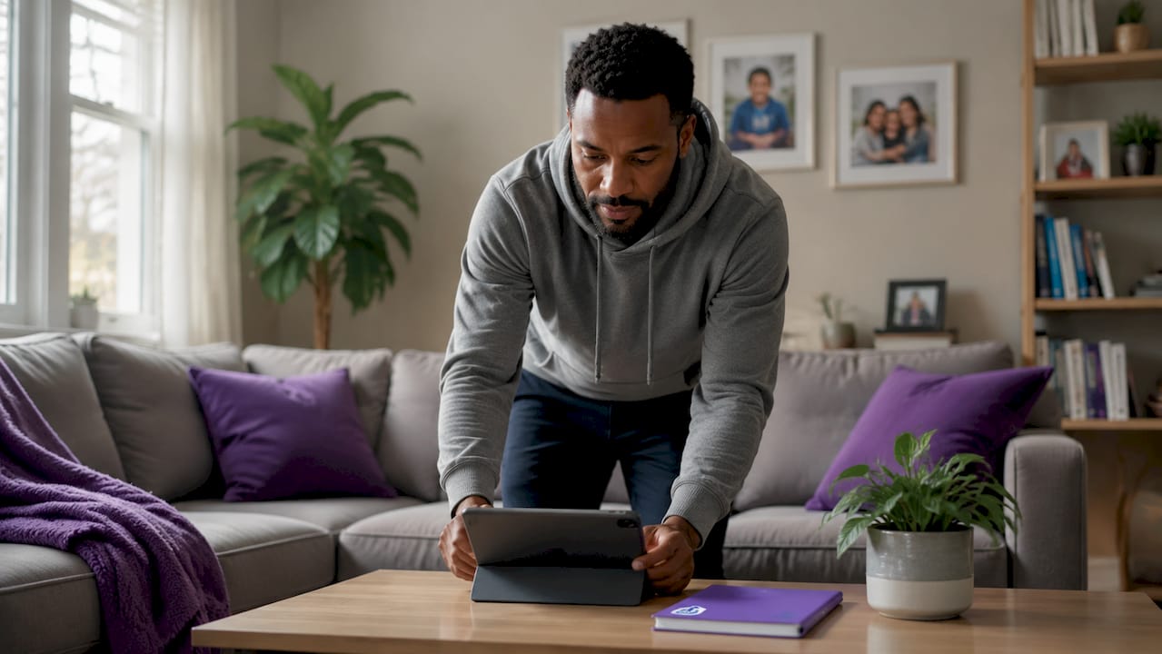 Hands setting up family profile on tablet in kitchen