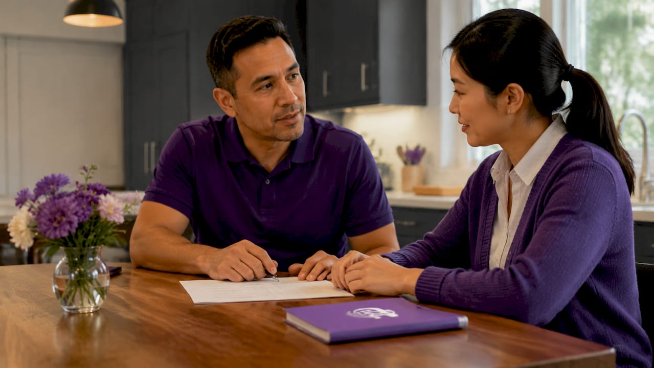 Parent and nanny reviewing stipend agreement in living room