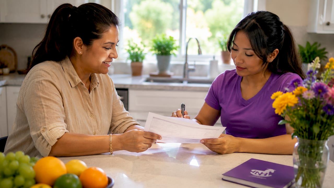 Father and nanny exchanging wage documents