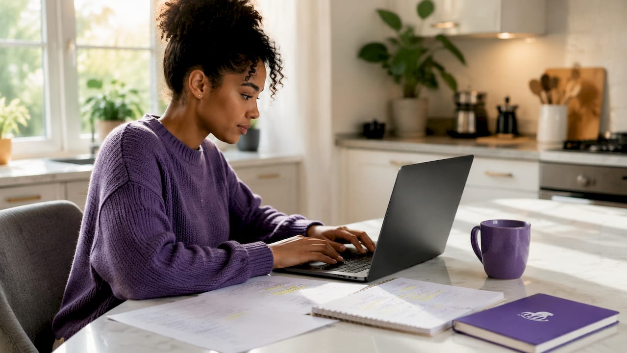 Hands typing nanny resume in café setting