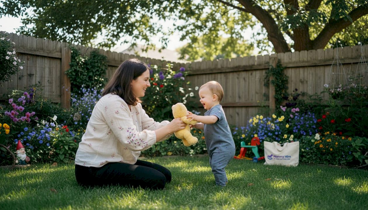 Nanny playing with toddler in living room