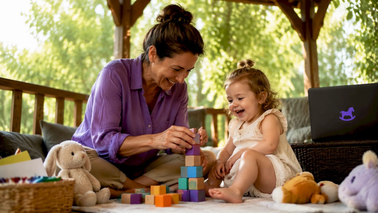 Nanny playing with toddler in home playroom