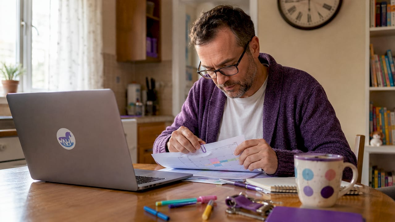 Nanny reviewing work schedule at kitchen table