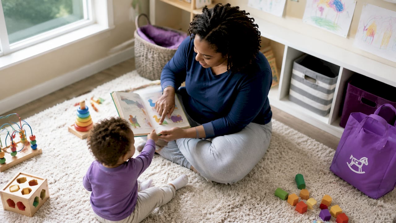 Professional nanny reading to toddler at home
