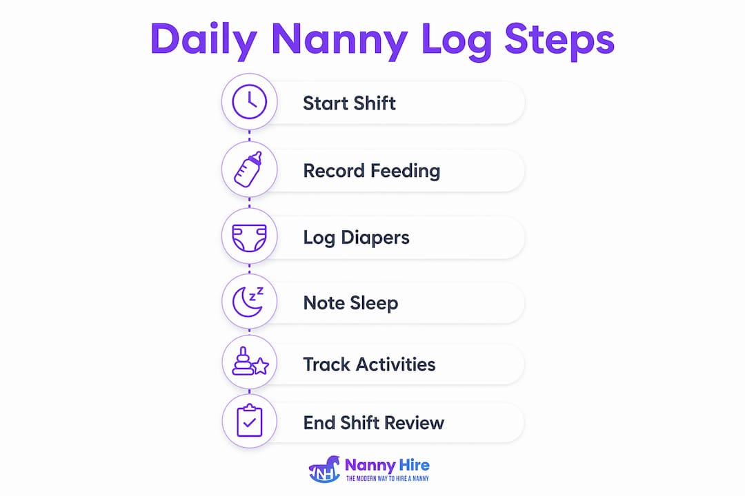 Infographic showing daily nanny log steps and process
