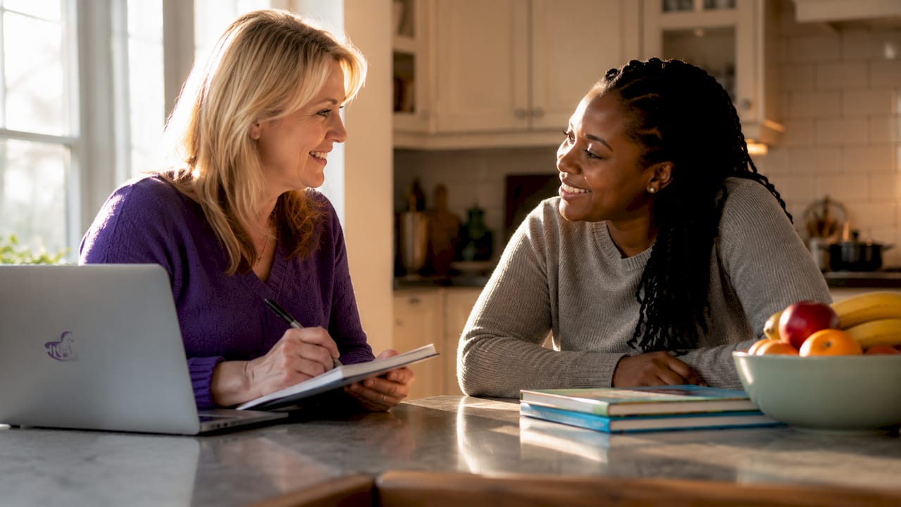 Parent interviewing nanny in living room