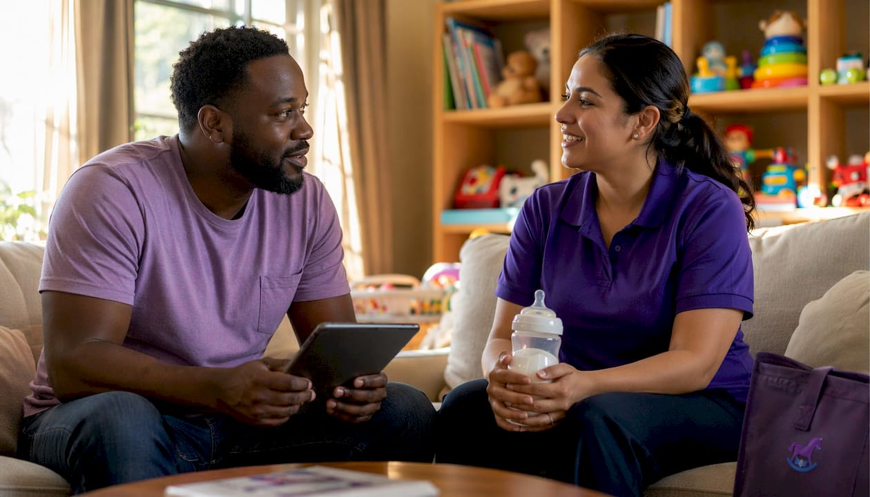 Parent and nanny having friendly conversation in living room