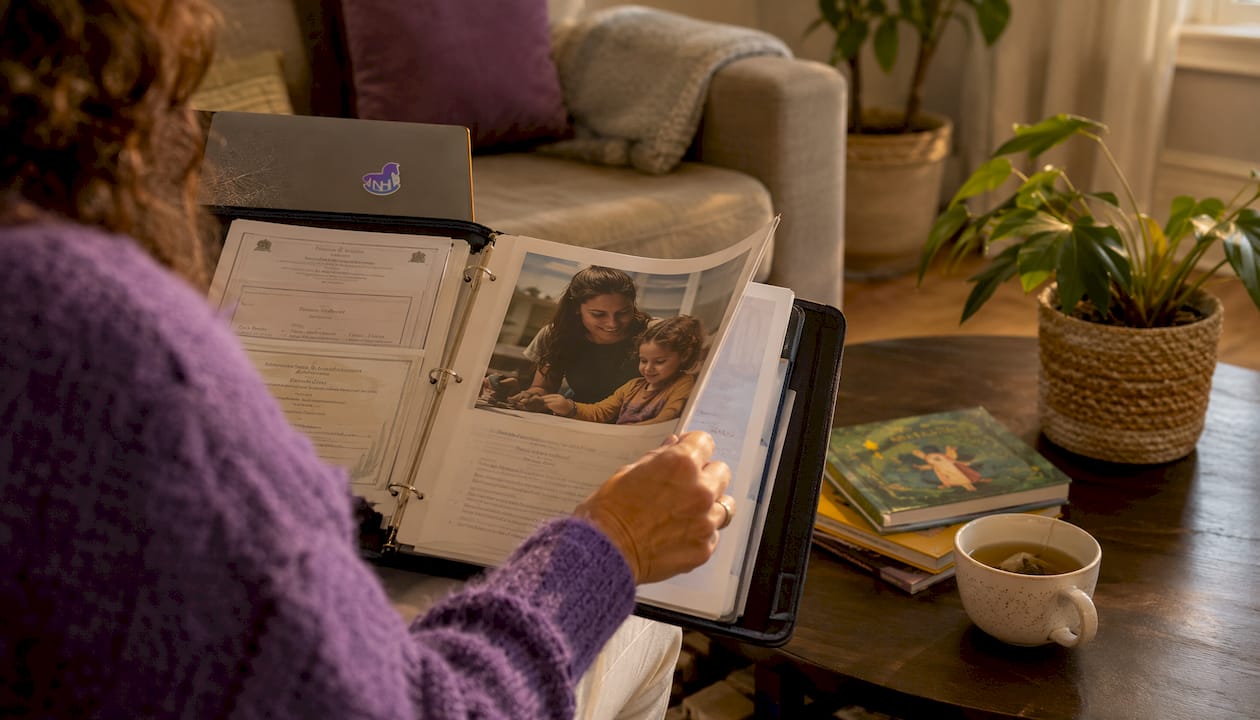 Hands flipping through nanny portfolio documents
