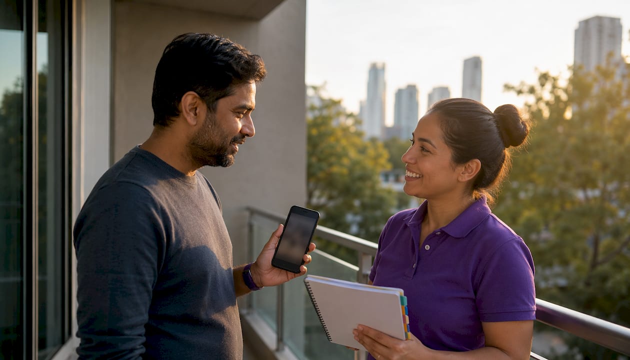 Father and nanny reviewing daily handoff notes