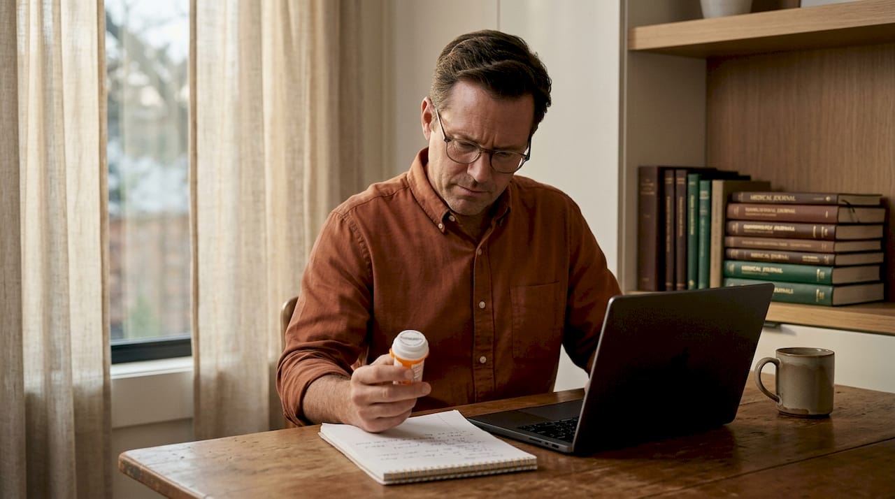 Man reviewing ADHD medication and notes at desk