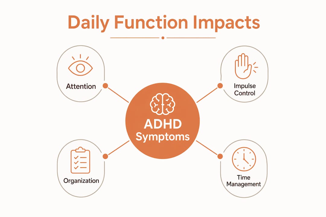 Infographic showing ADHD symptoms affecting daily functions