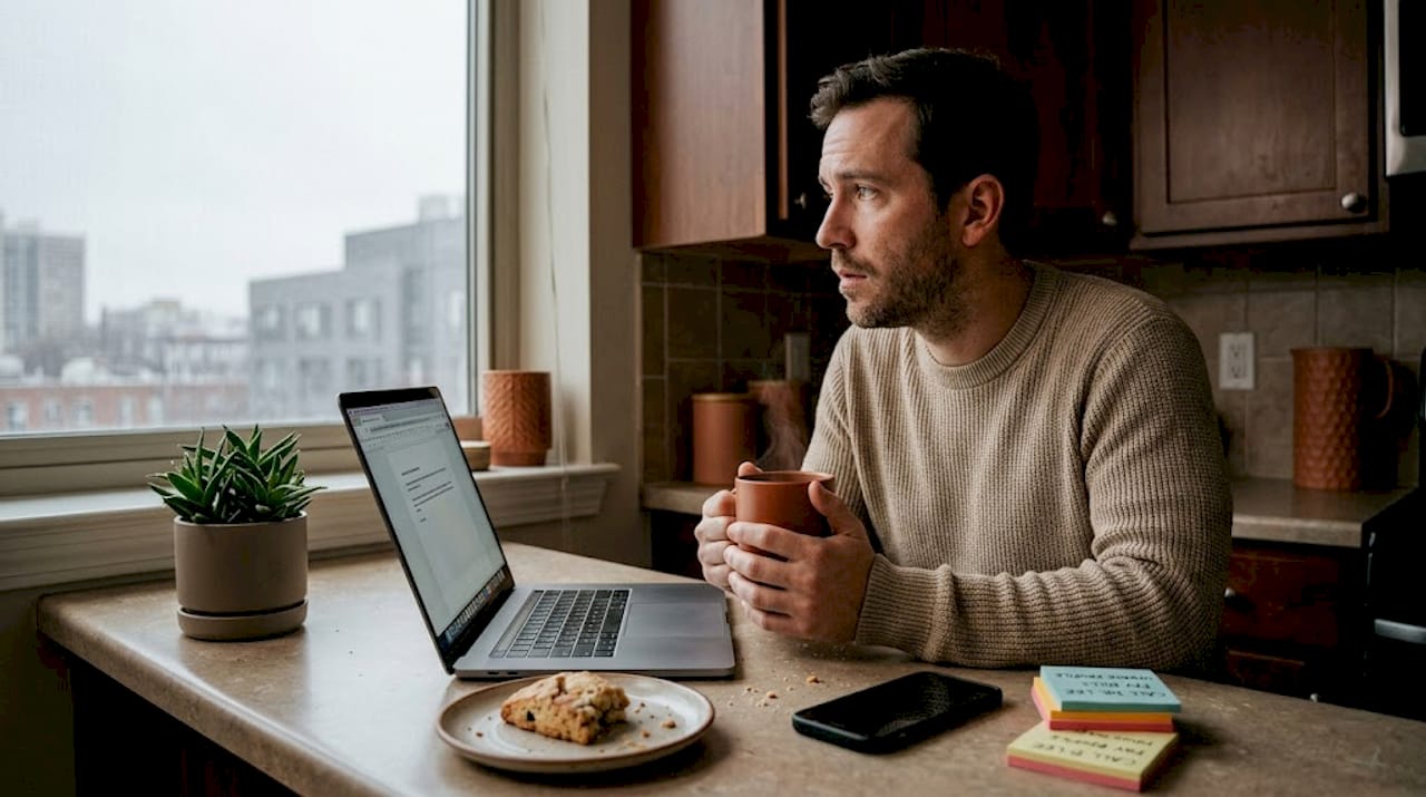 Man distracted while working at kitchen table