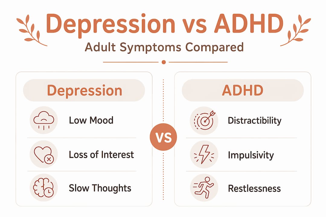 Infographic comparing adult depression and ADHD symptoms