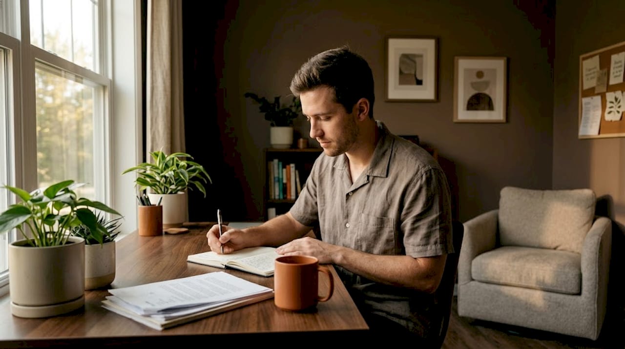 Man writing symptom summary at kitchen table