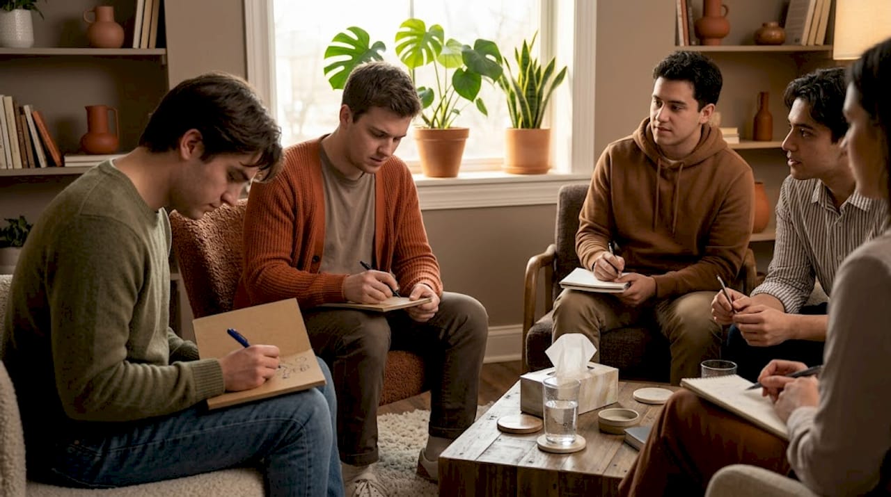 Group therapy session with supportive, attentive atmosphere