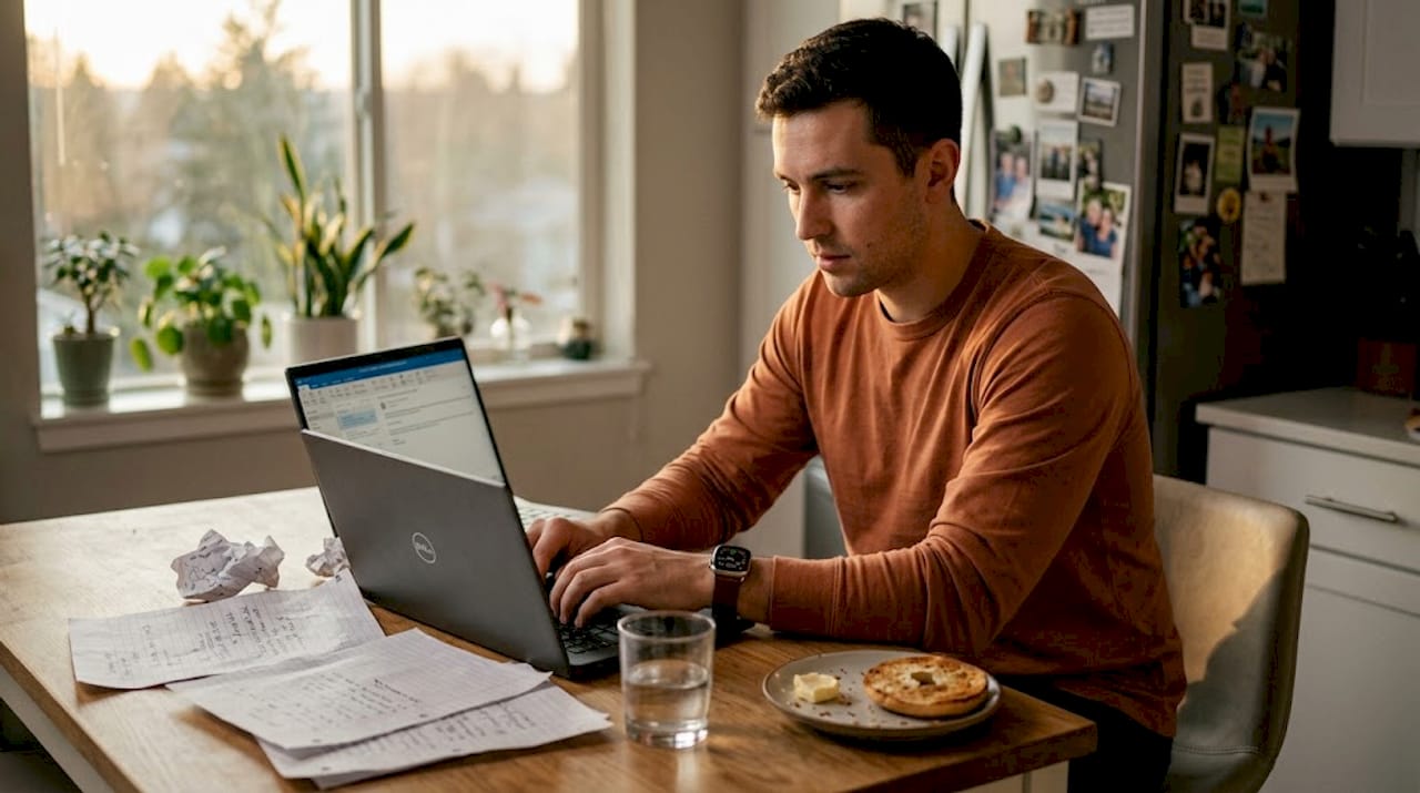 Man working at kitchen table with worries