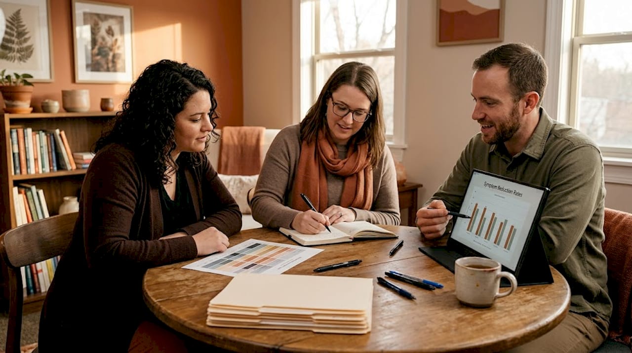 Clinicians discuss patient outcomes in meeting