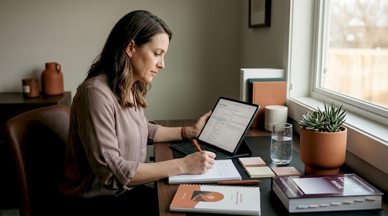 Clinician reviews patient chart at desk