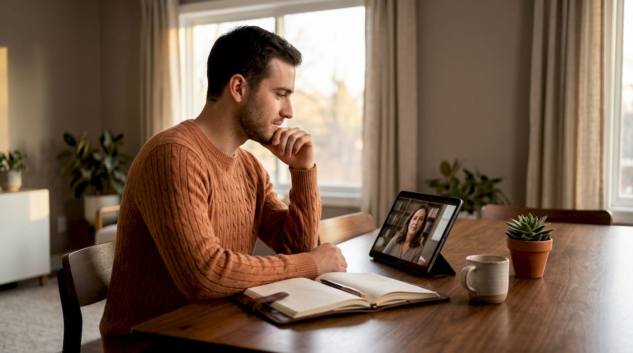 Man consulting online mental health provider