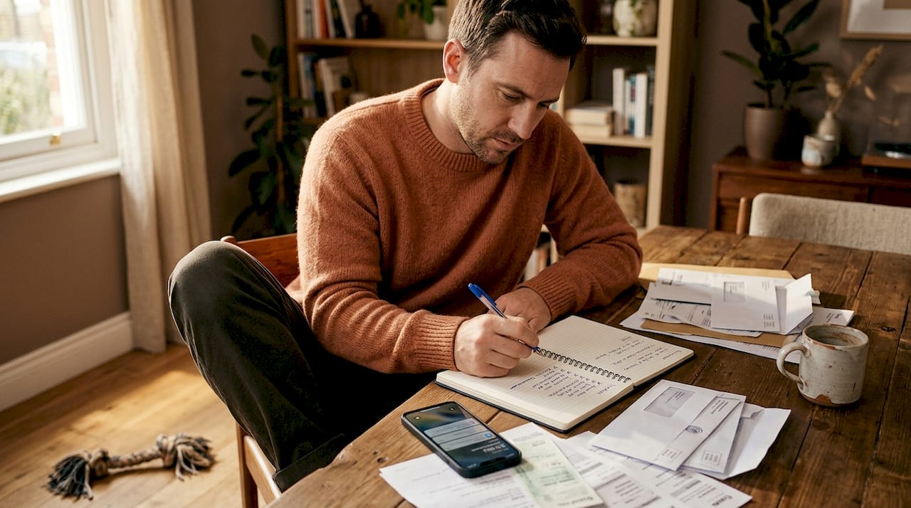 Man tracking symptoms with paperwork at home