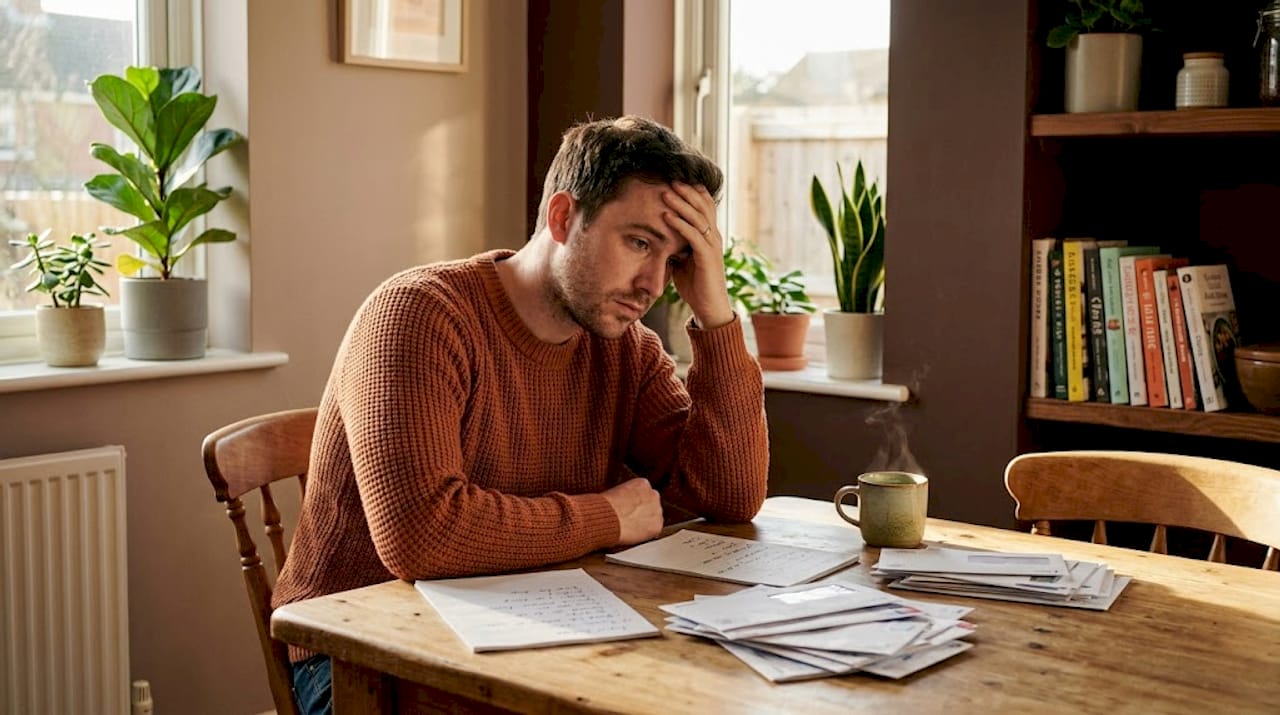 Man distracted at cluttered kitchen table