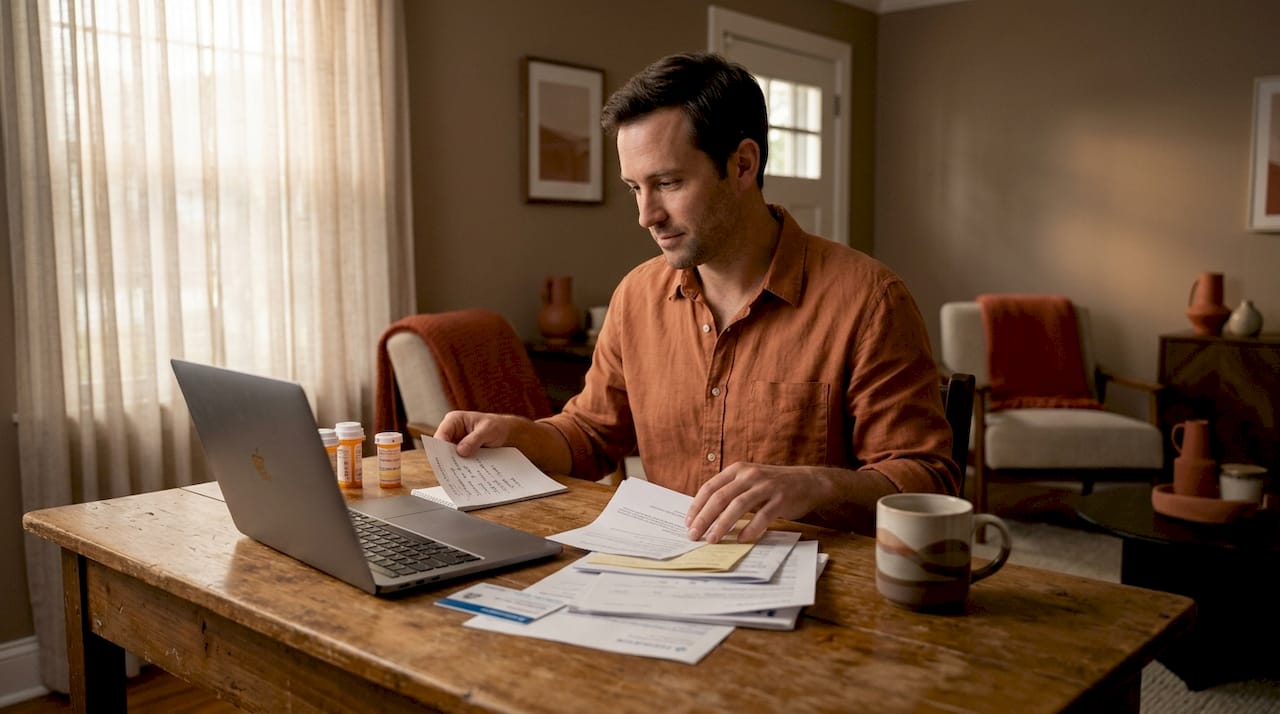Man organizing documents for therapy