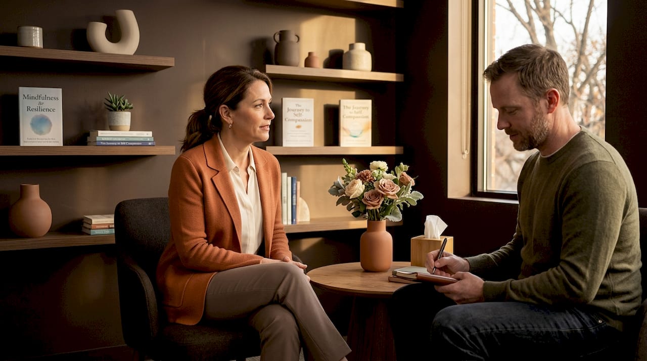 Therapist consulting adult patient in counseling room