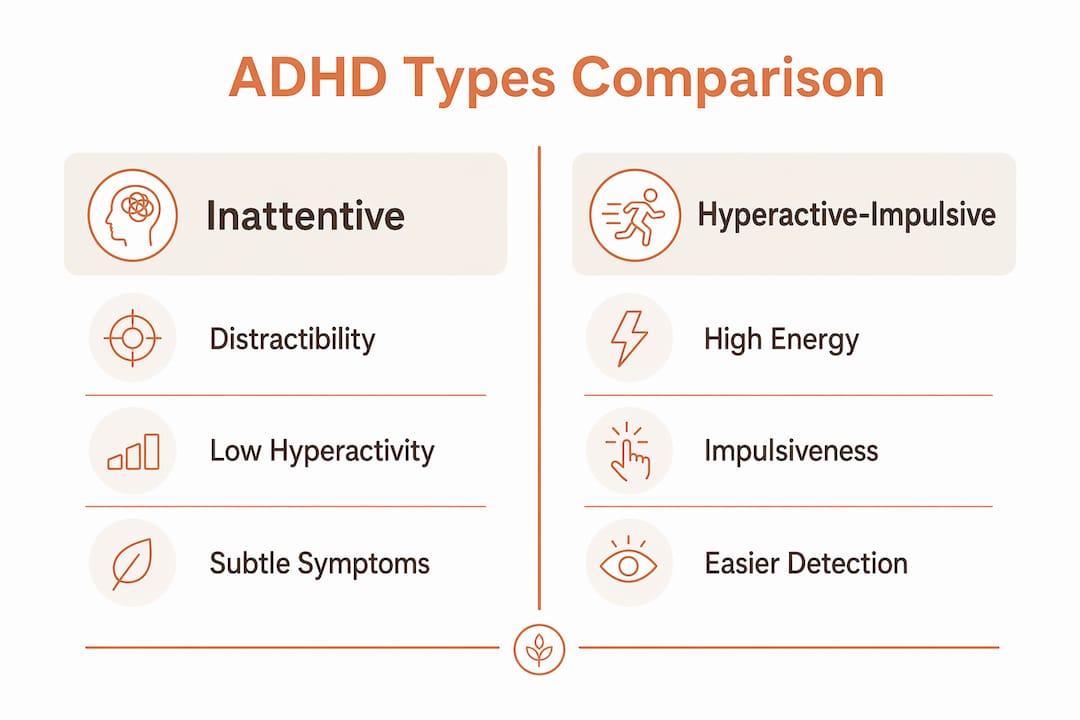 Infographic comparing inattentive and hyperactive-impulsive ADHD types