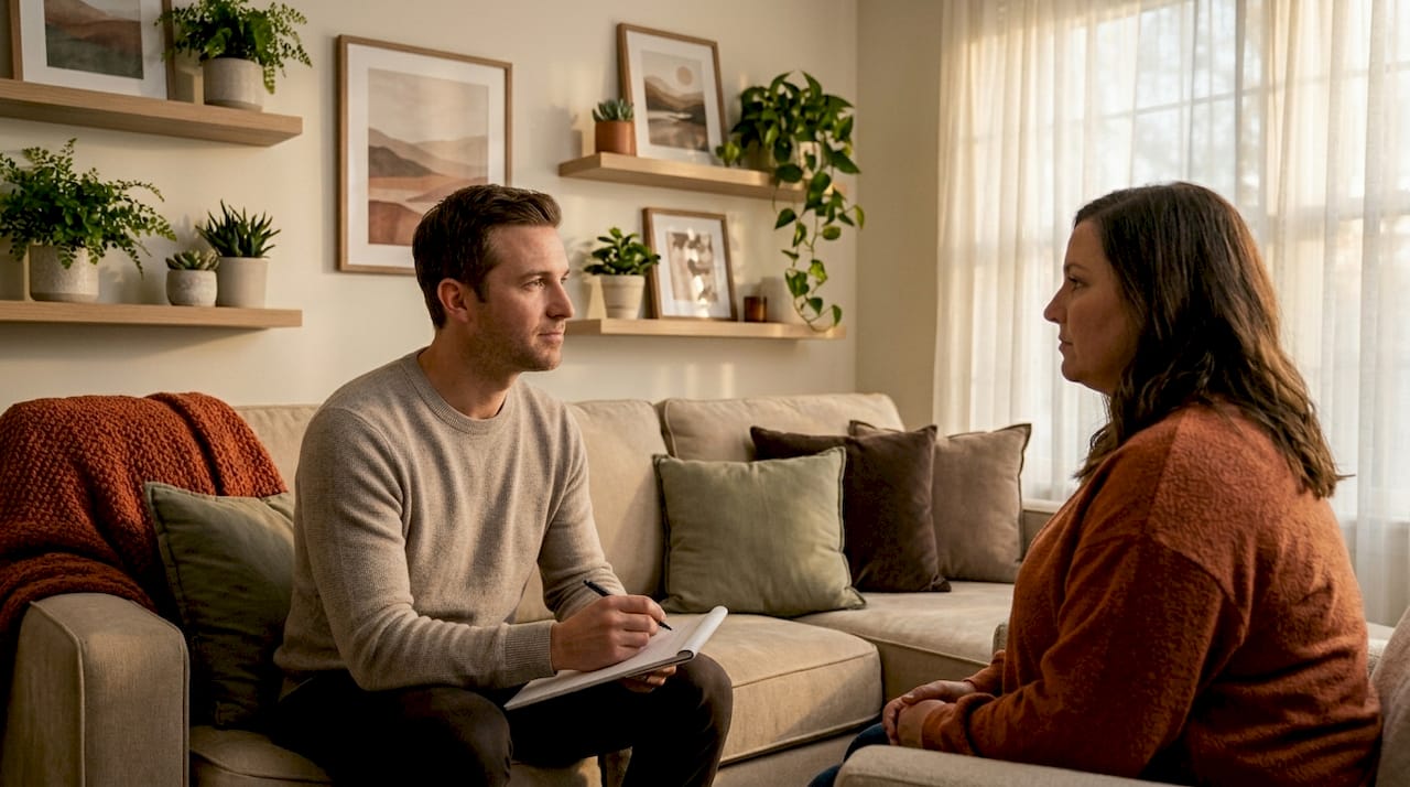 Therapist and adult patient in home session