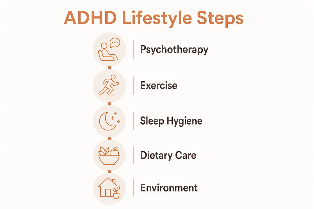Infographic showing ADHD lifestyle treatment steps