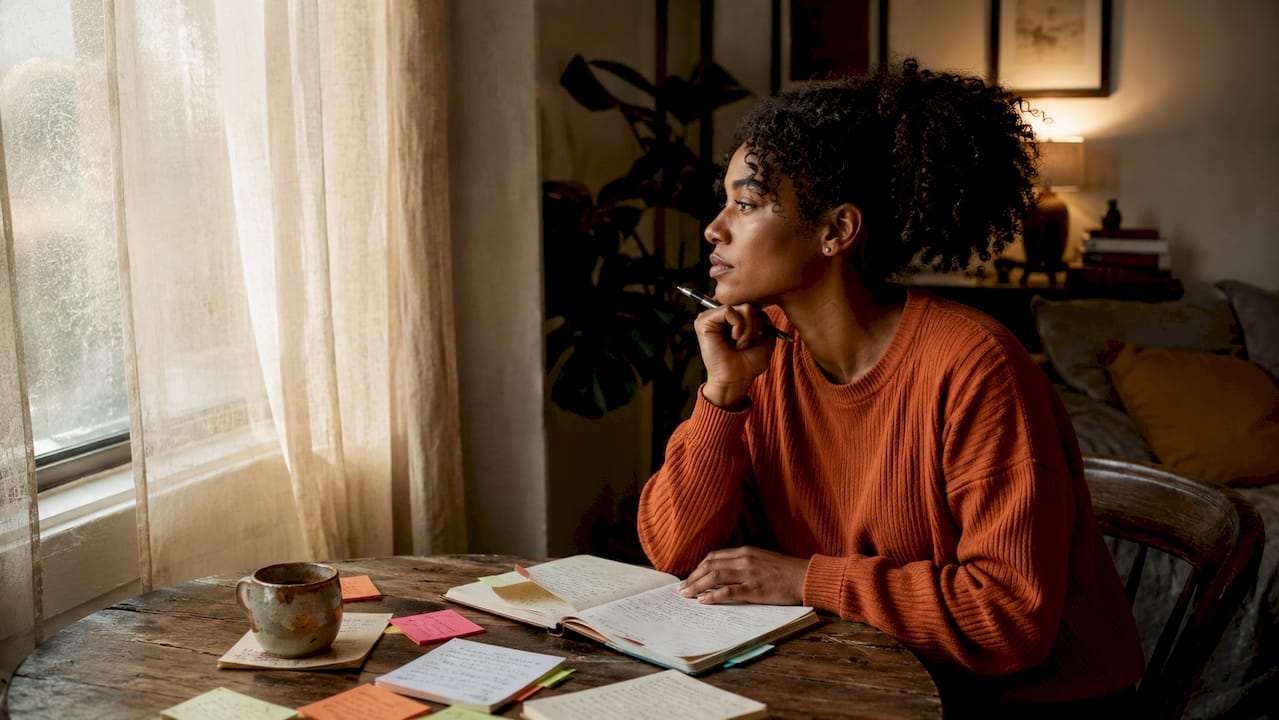 Distracted woman at home workspace