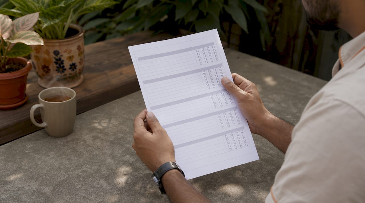 Hands holding adult ADHD symptom checklist on desk