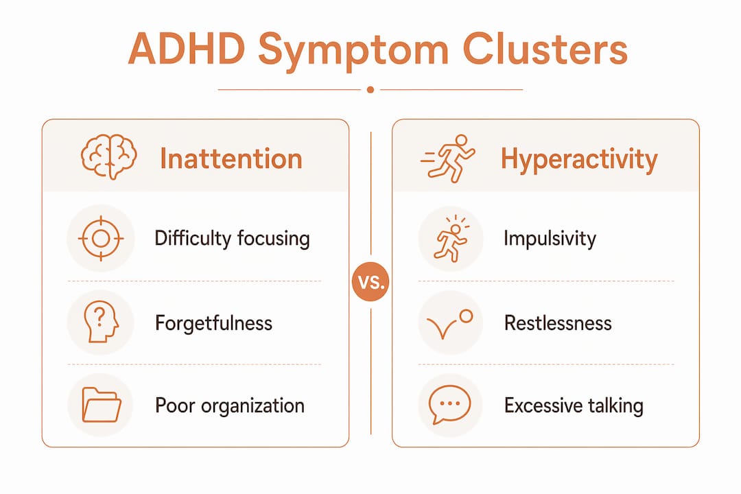 Infographic comparing ADHD inattention and hyperactivity symptoms