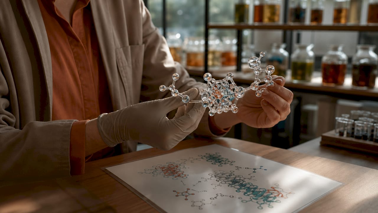 Hands holding dopamine transporter molecular model