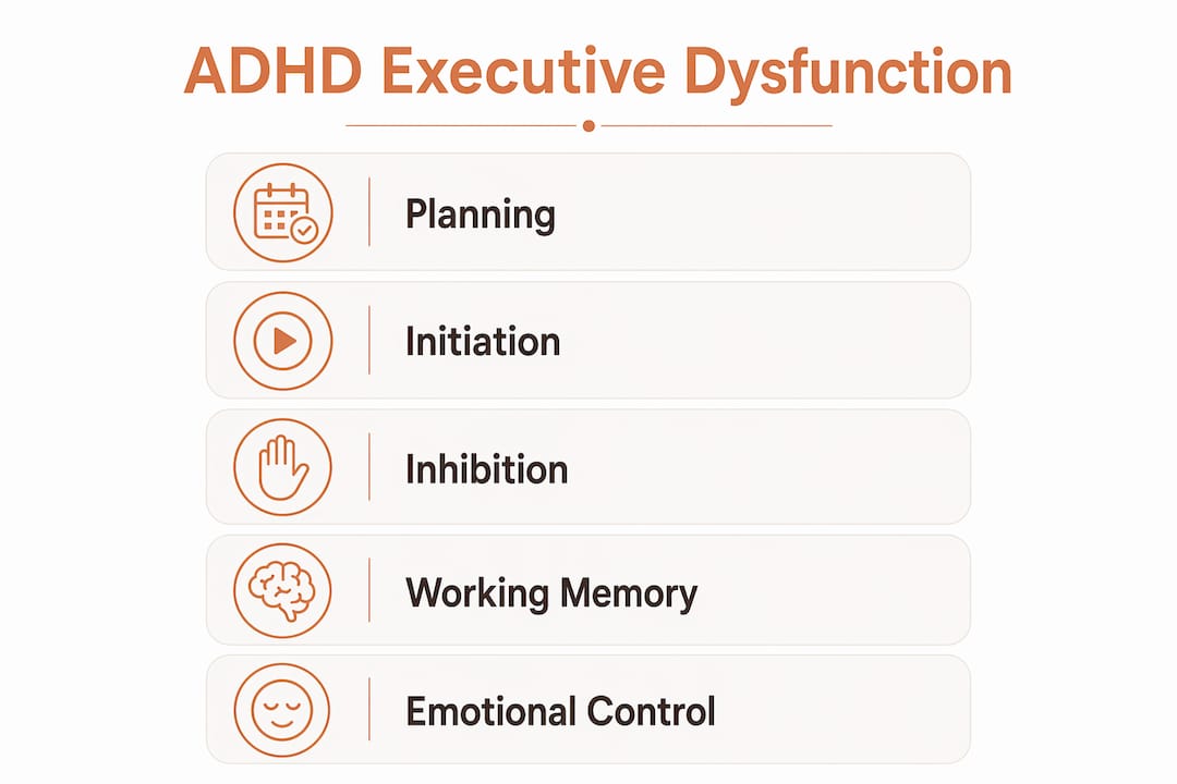 Infographic showing ADHD executive dysfunction key symptoms