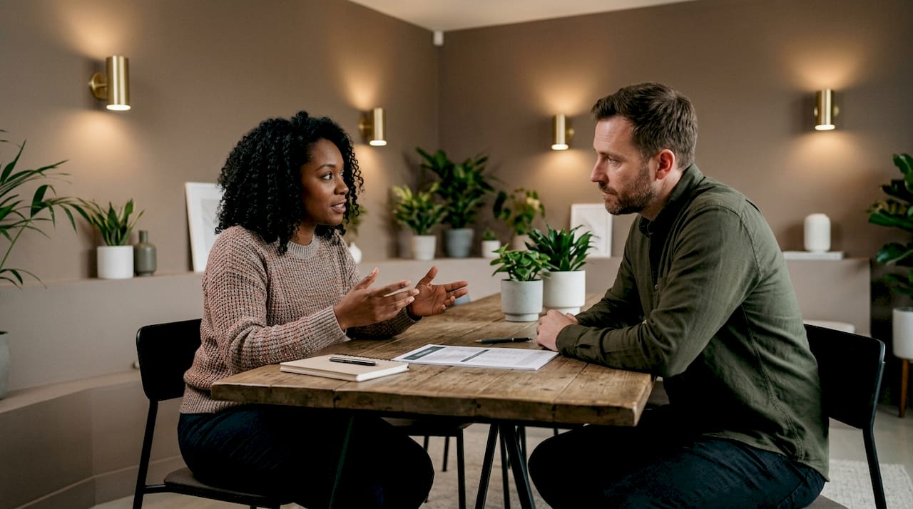 Two people collaboratively discussing mental health plan