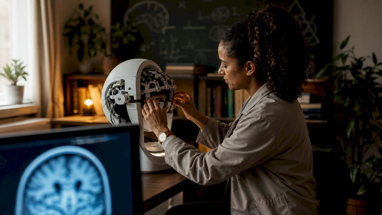 Neuroscientist controlling brain scan equipment