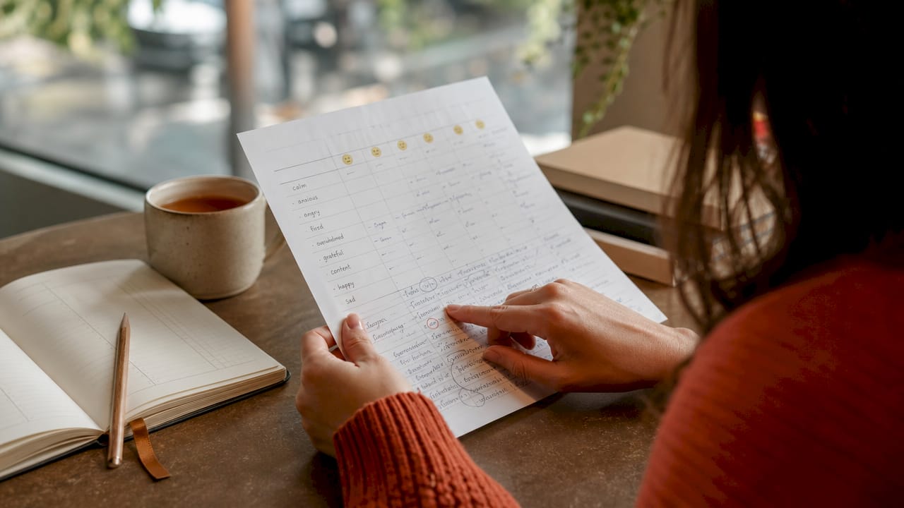 Hands reviewing emotional diary notes