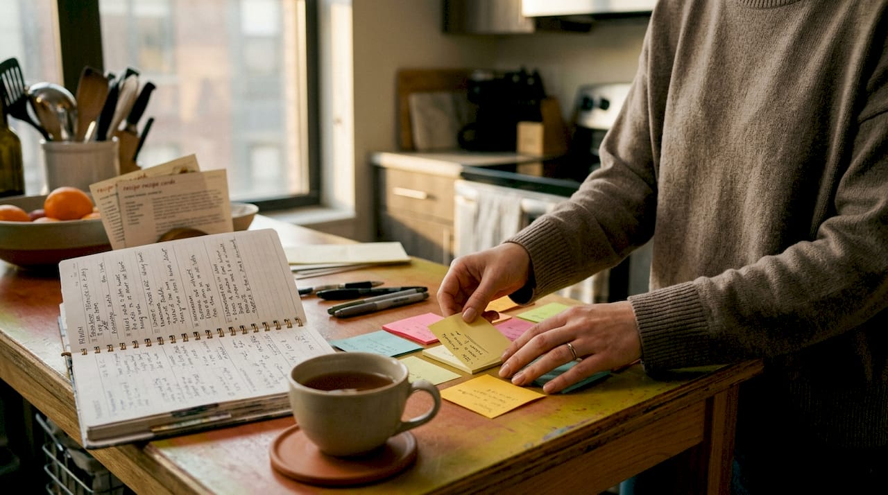 Hands organizing notes on cluttered desk