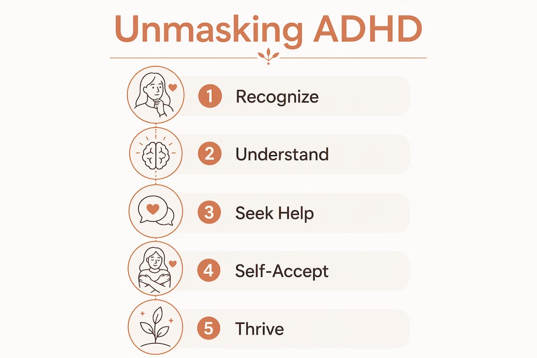 Infographic illustrating steps to unmask ADHD in women