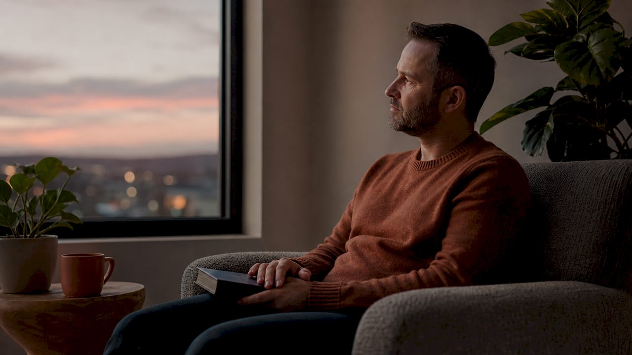 Man reflecting quietly on sofa indoors