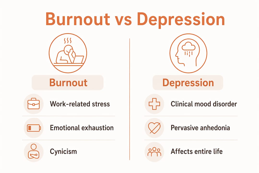 Infographic comparing burnout and depression symptoms and causes